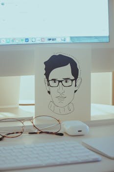 Stylish workspace featuring a computer monitor, eyeglasses, and a minimalistic drawing card.