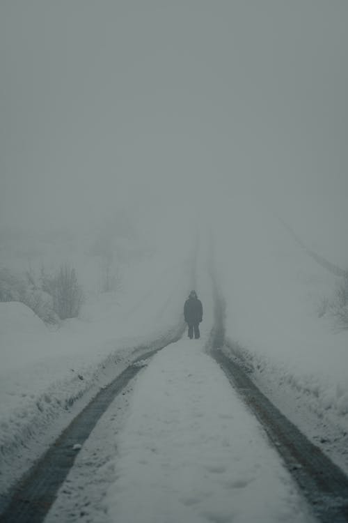 Person Standing in Snow Covered Road