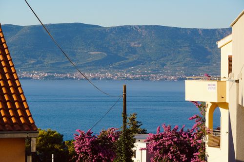 Free Beautiful coastal view with vibrant flowers, blue sea, and distant mountains. Stock Photo