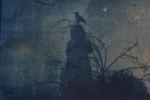 Moody cyanotype photograph featuring a bird silhouette on a branch, exuding a vintage feel.