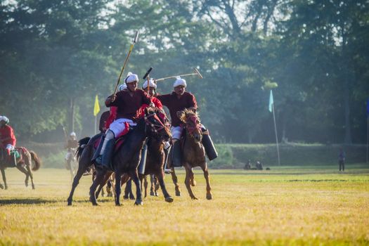 Captivating scene of a traditional polo match on a sunny day in Imphal, India.