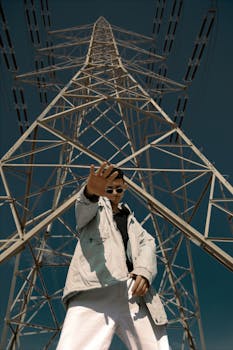 Fashionable young man poses confidently beneath towering power lines on a sunny day.