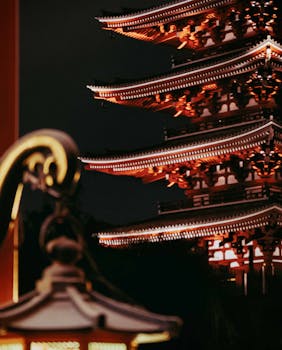 A beautifully lit pagoda in Tokyo, showcasing traditional Japanese architecture at night.