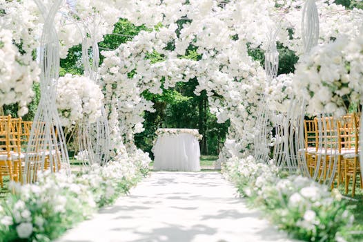 An elegant outdoor wedding venue setup with white floral arches and chairs.