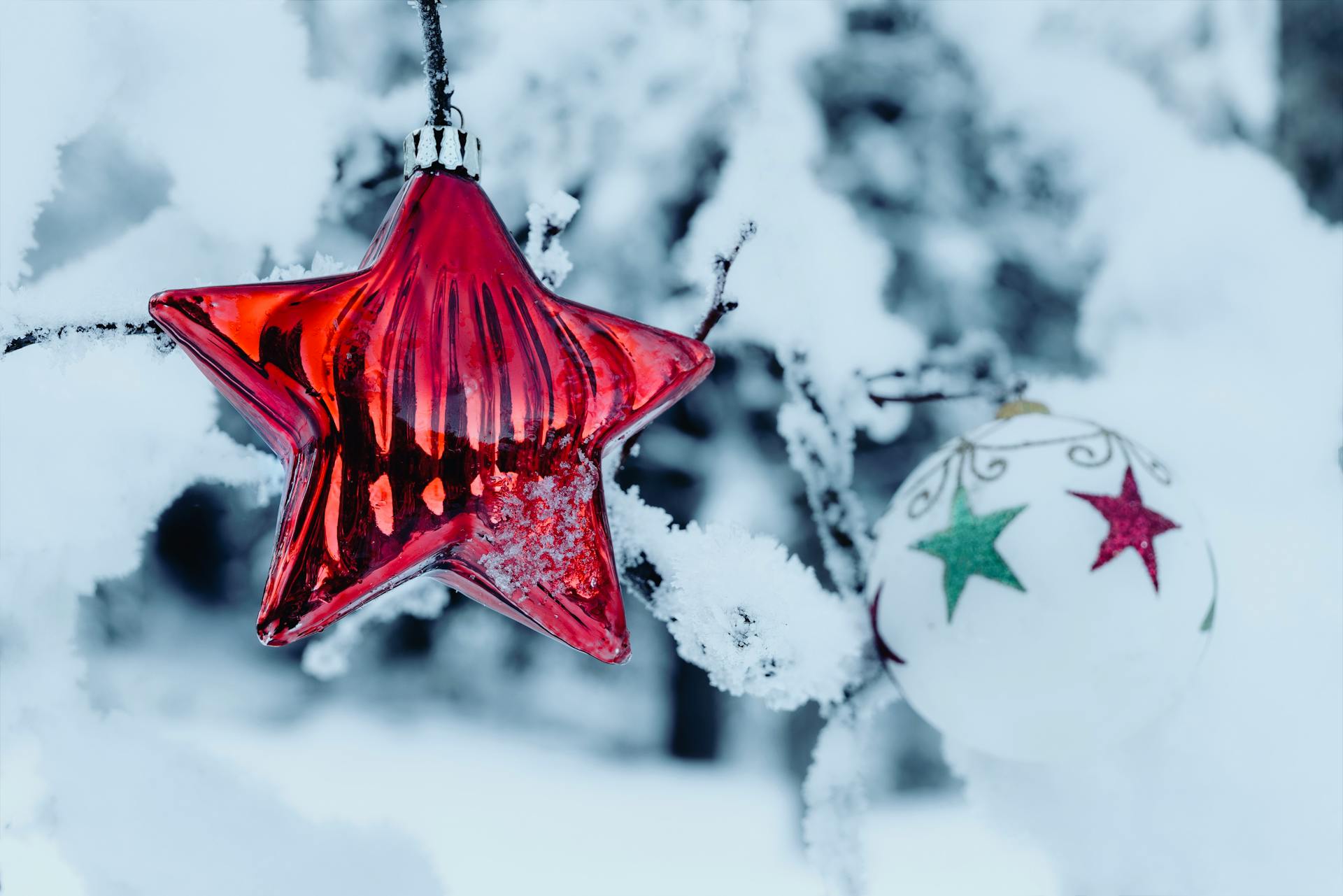 Elegant red star and white Christmas ball hanging in a snowy winter scene.
