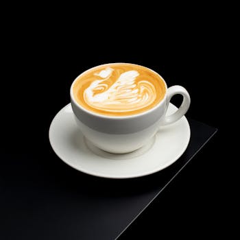 A beautifully crafted cappuccino featuring intricate latte art in a white ceramic cup, set against a black background.