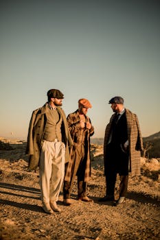 Three men in vintage attire at sunrise in Cappadocia's Ürgüp, capturing timeless fashion.