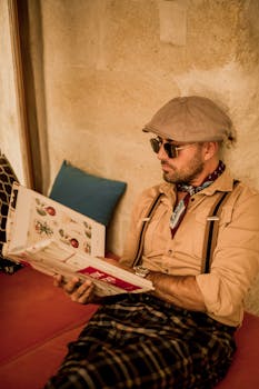 Man in vintage attire with a book in a cozy indoors setting, Ürgüp, Türkiye.