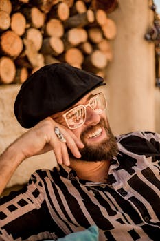 A bearded man in vintage attire smiles outdoors among stacked wood in Ürgüp, Turkey.