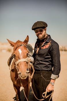 A stylish man stands beside a horse in Ortahisar, Türkiye, showcasing vintage fashion.