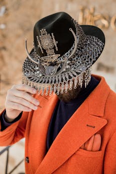 Stylish man in orange coat with ornate hat in Ürgüp, Türkiye.