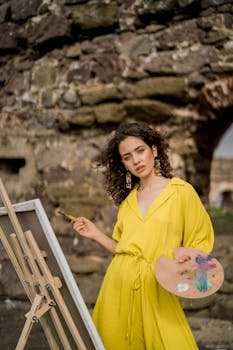 A creative portrait of a woman artist in yellow holding a palette in Rumelifeneri, Istanbul.