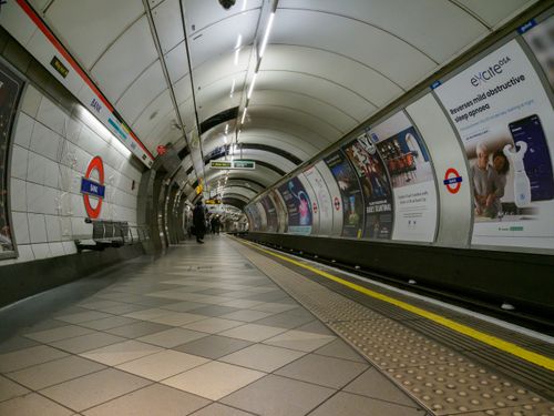 Free Empty platform at Bank Station, London Underground, showcasing urban public transportation infrastructure. Stock Photo