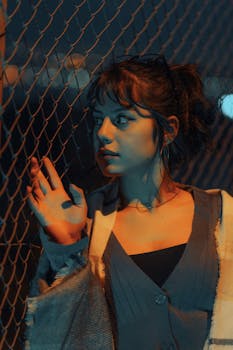 A young woman stands by a chain-link fence at night, illuminated by moody lighting.