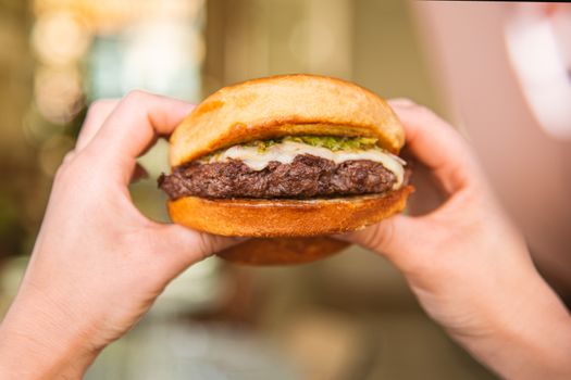 A mouthwatering beef burger with cheese held in hands against a blurred background.