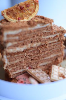 Close-up of a delicious homemade chocolate cake with layered design and decorative fruit garnish.