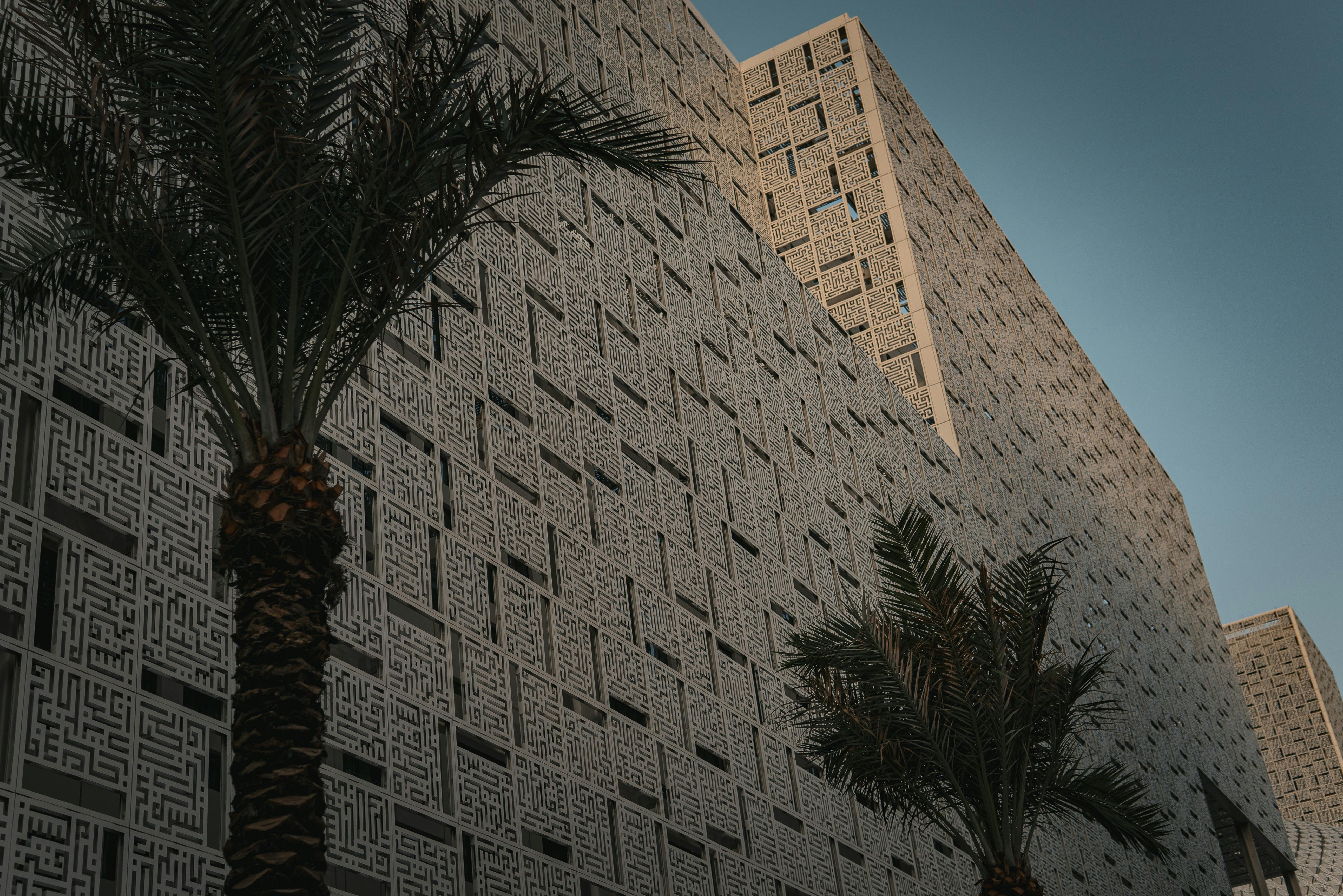 Palm Trees In Front Of A Building Covered In Rectangular Patterns   Pexels Photo 14709126 