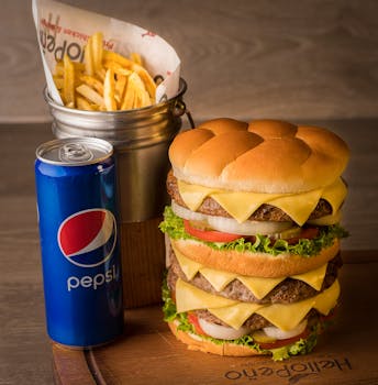Triple cheeseburger with fries and Pepsi can on a wooden board. Perfect for fast food ads.