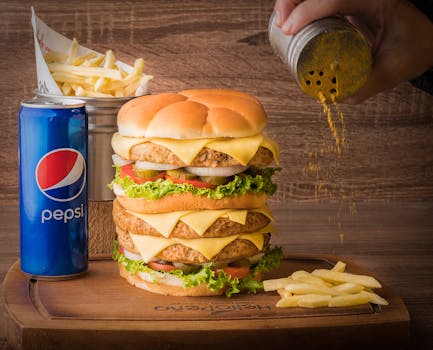 Delicious triple cheeseburger with fries and Pepsi on a wooden board with cheese sprinkle.