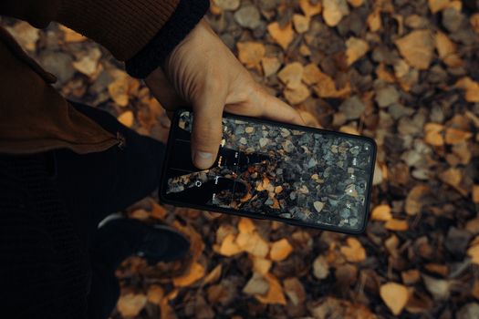 A person capturing fallen leaves on a smartphone during autumn. High angle view.