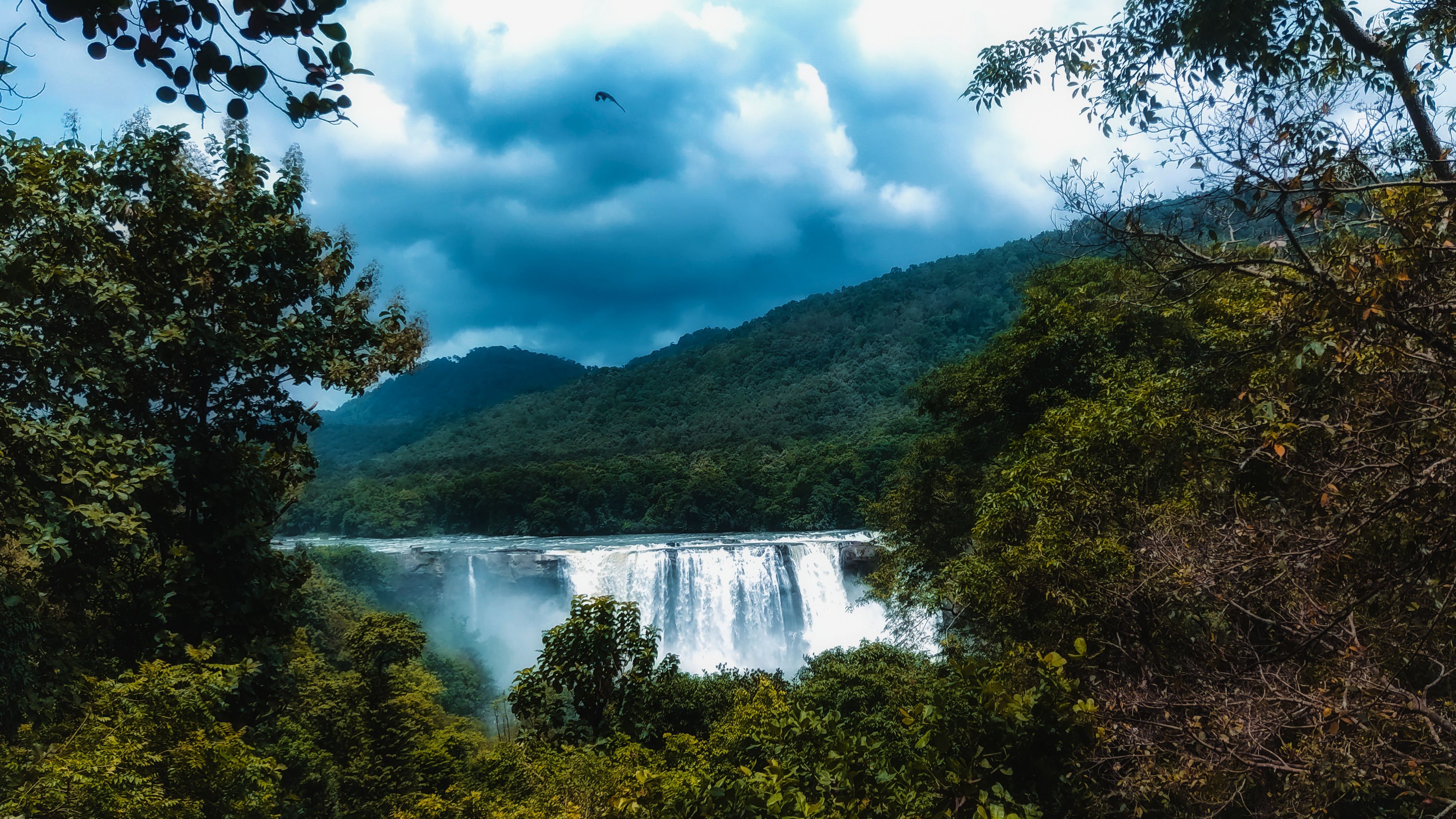 The wide curtain of Athirappilly Falls on the Chalakudy river in full monsoon flow