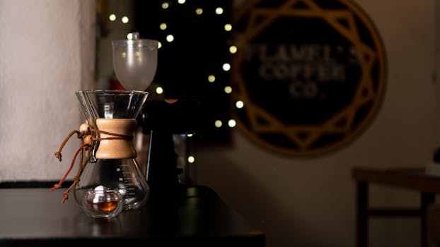 Close-up of Chemex coffee maker with blurred cafe background in Mexico City.