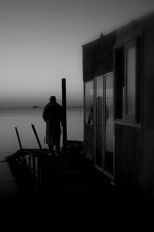 Silhouette of a Person Standing Outside a Coastal House