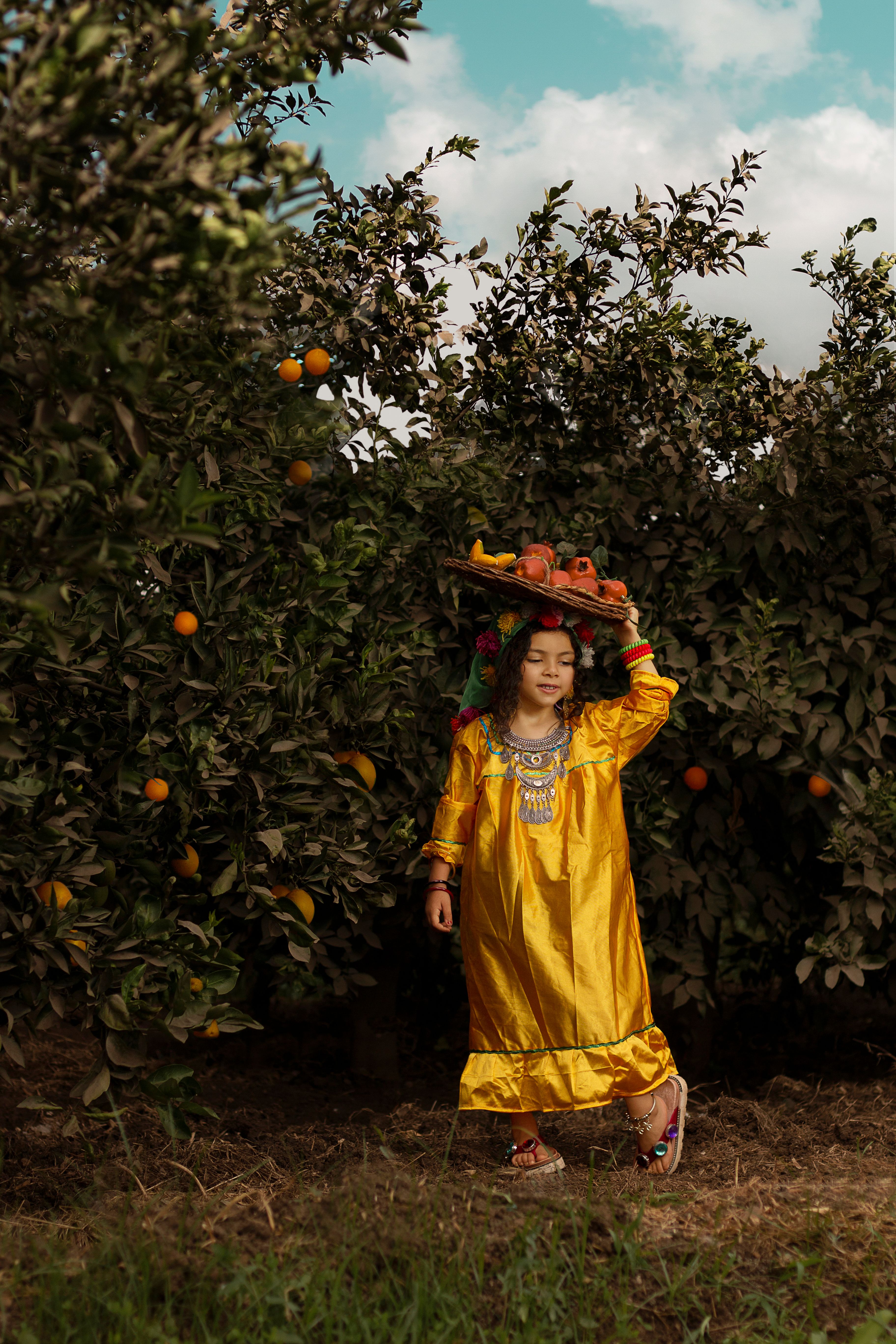 A young girl in traditional dress carries a plate of fruit in an orange grove, reflecting cultural heritage and nature.