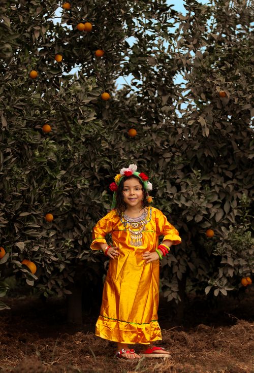 Free A smiling girl in a vibrant outfit stands amidst orange trees, showcasing cultural attire and joy. Stock Photo