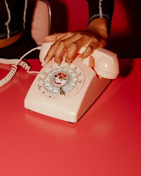 A close-up of a hand on a vintage pink rotary phone, showcasing elegant manicured nails.