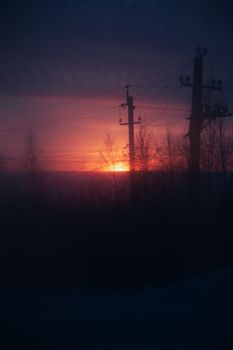 Silhouette of electric towers and trees against a vibrant sunset, creating a dramatic landscape.