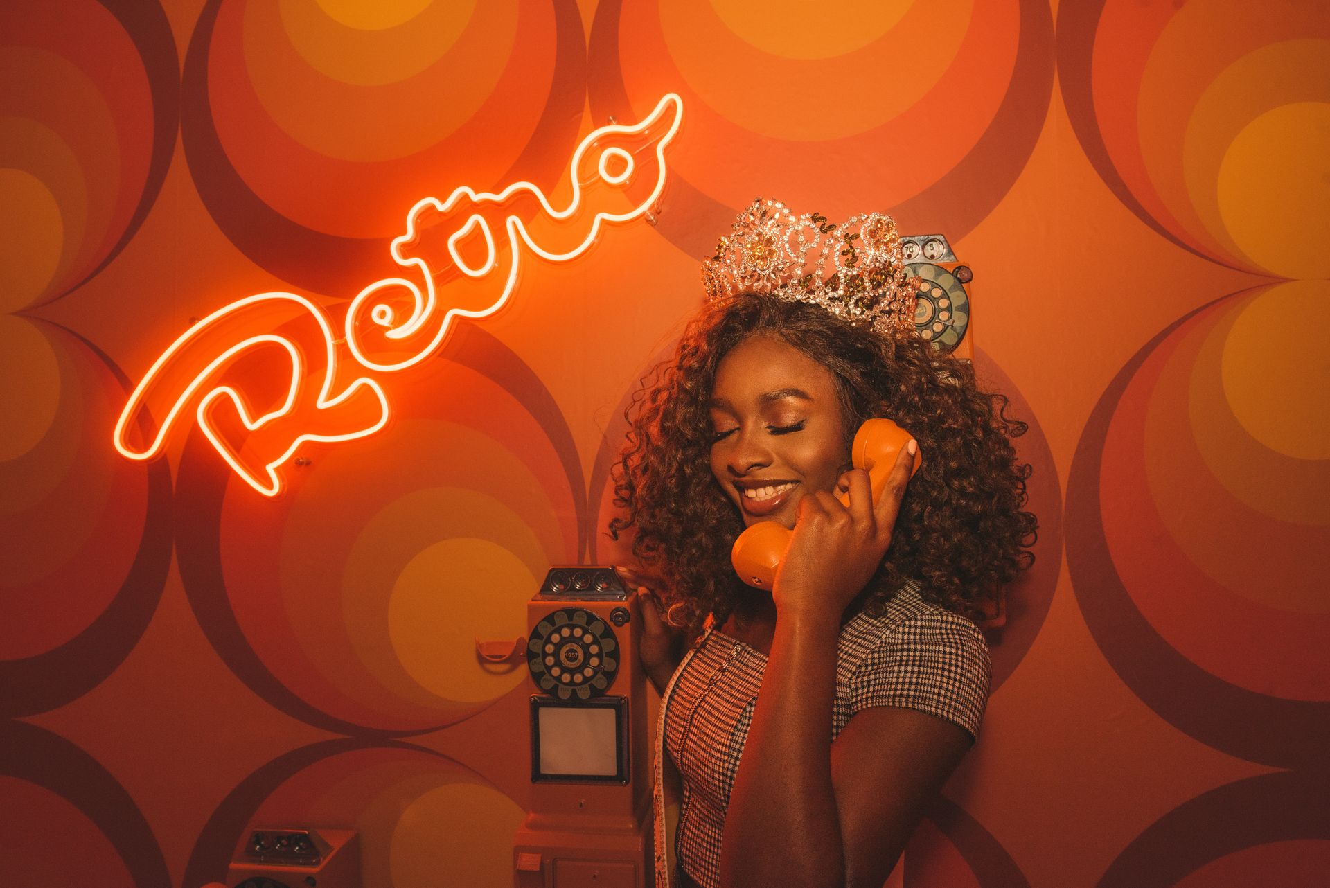 Woman Posing with Retro Phone in Club