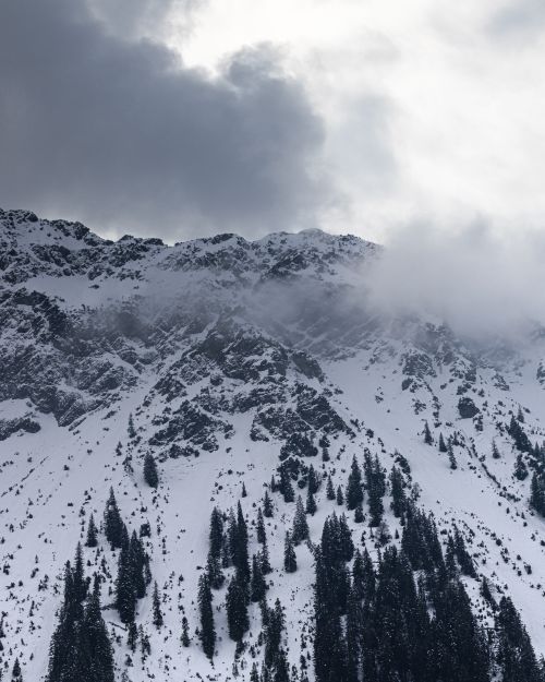 Free Majestic snow-covered mountain peaks with a moody winter atmosphere. Stock Photo