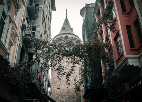 View of Galata Tower nestled between historic buildings in Istanbul, Turkey.