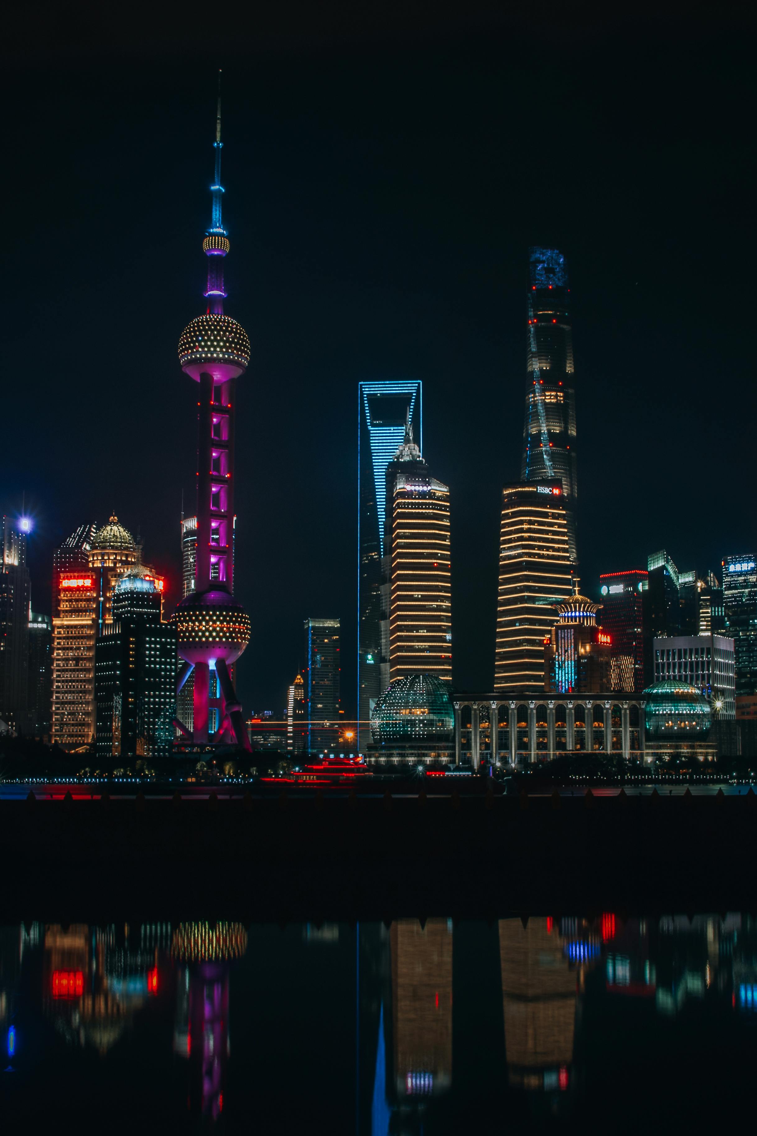 illuminated skyline of shanghai at night