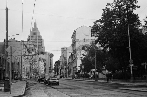 Free Black and white street view showcasing urban architecture and city life. Stock Photo