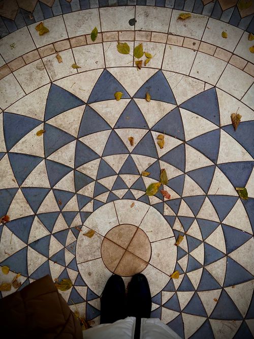Free Top view of feet on detailed mosaic floor with scattered leaves, Pamukkale. Stock Photo