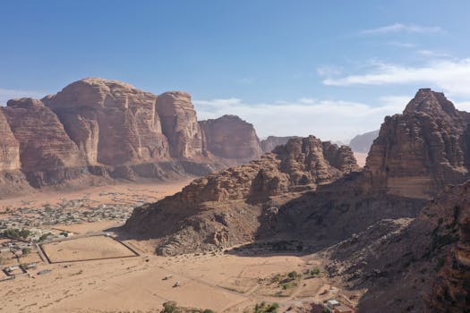 A breathtaking view of Wadi Rum's iconic desert rock formations under a clear blue sky.