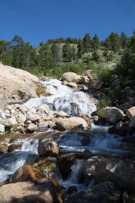 Captivating view of a waterfall cascading over rocks in Rocky Mountain National Park, a perfect travel and nature scene.