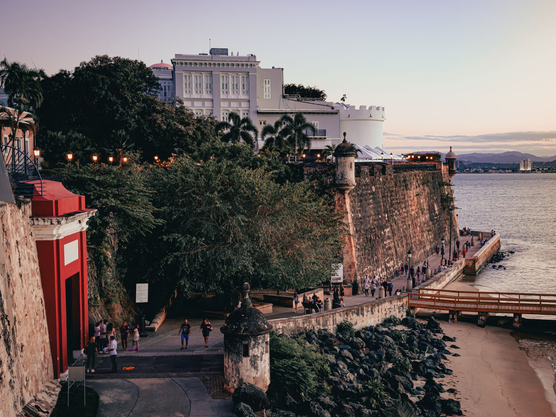 Old San Juan's historic coastal wall and paseo at sunset, Puerto Rico
