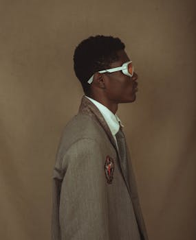 Fashionable man in profile with sunglasses and suit jacket, studio portrait.