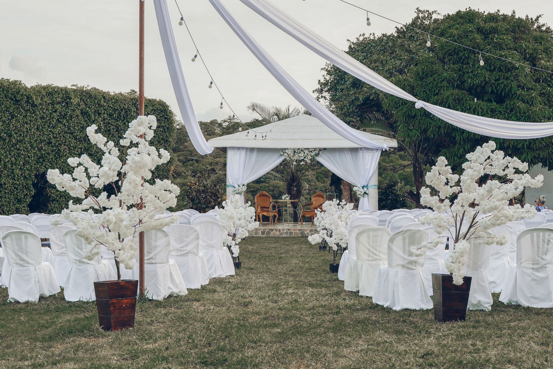 White chairs and florals set up outdoors for a ceremony