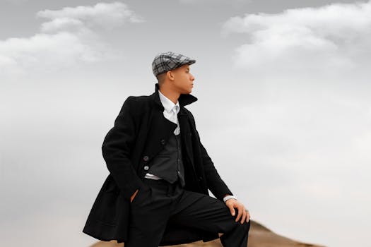 A fashionable man wearing a vintage outfit poses confidently against a cloudy sky backdrop.