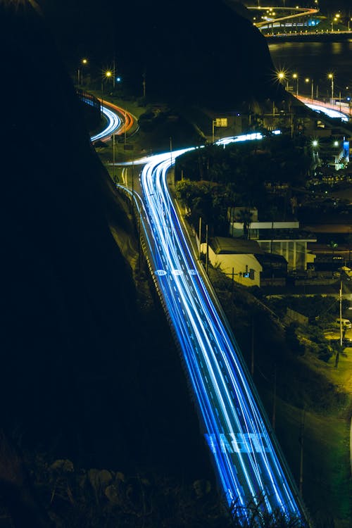 Aerial View of Long Exposure Photo of a Street in City at Night 
