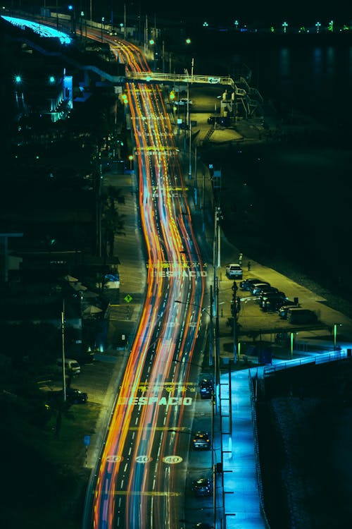 Birds Eye View of a Highway at Night in Long Exposure