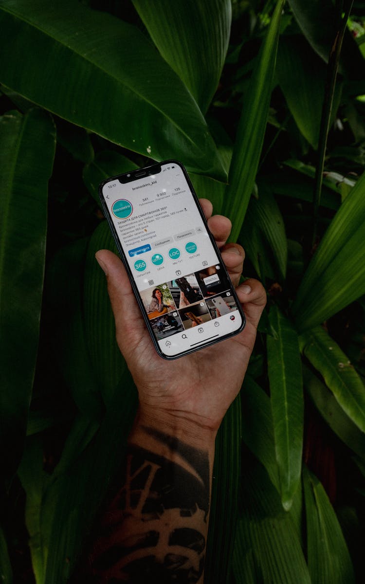 Man Hand Holding Cellphone On Green Leaves Background