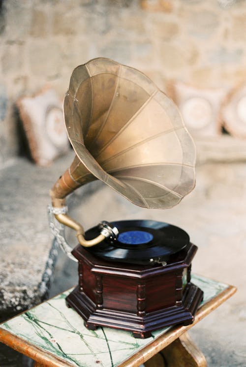 A Gramophone on a Wooden Side Table