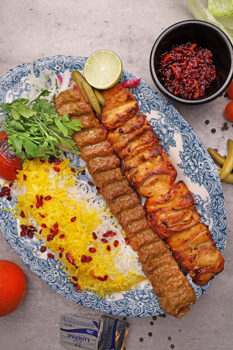 Top View Of Food On Blue And White Ceramic Plate