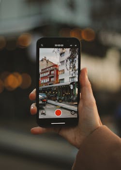A person holds a smartphone capturing a street scene in Ankara, Turkey during the day.