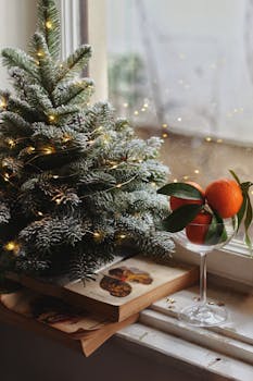 A cozy holiday scene featuring a mini Christmas tree and oranges on a windowsill with glowing lights.